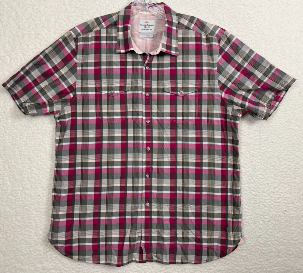 Tommy Bahama Shirt Mens Large Short Sleeve Plaid Button Up Green Island Crafted